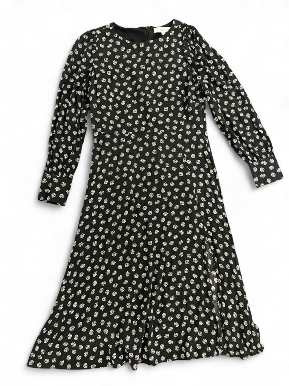 LOFT Black Long-Sleeve Midi Dress with White Floral Print - Picture 5 of 12